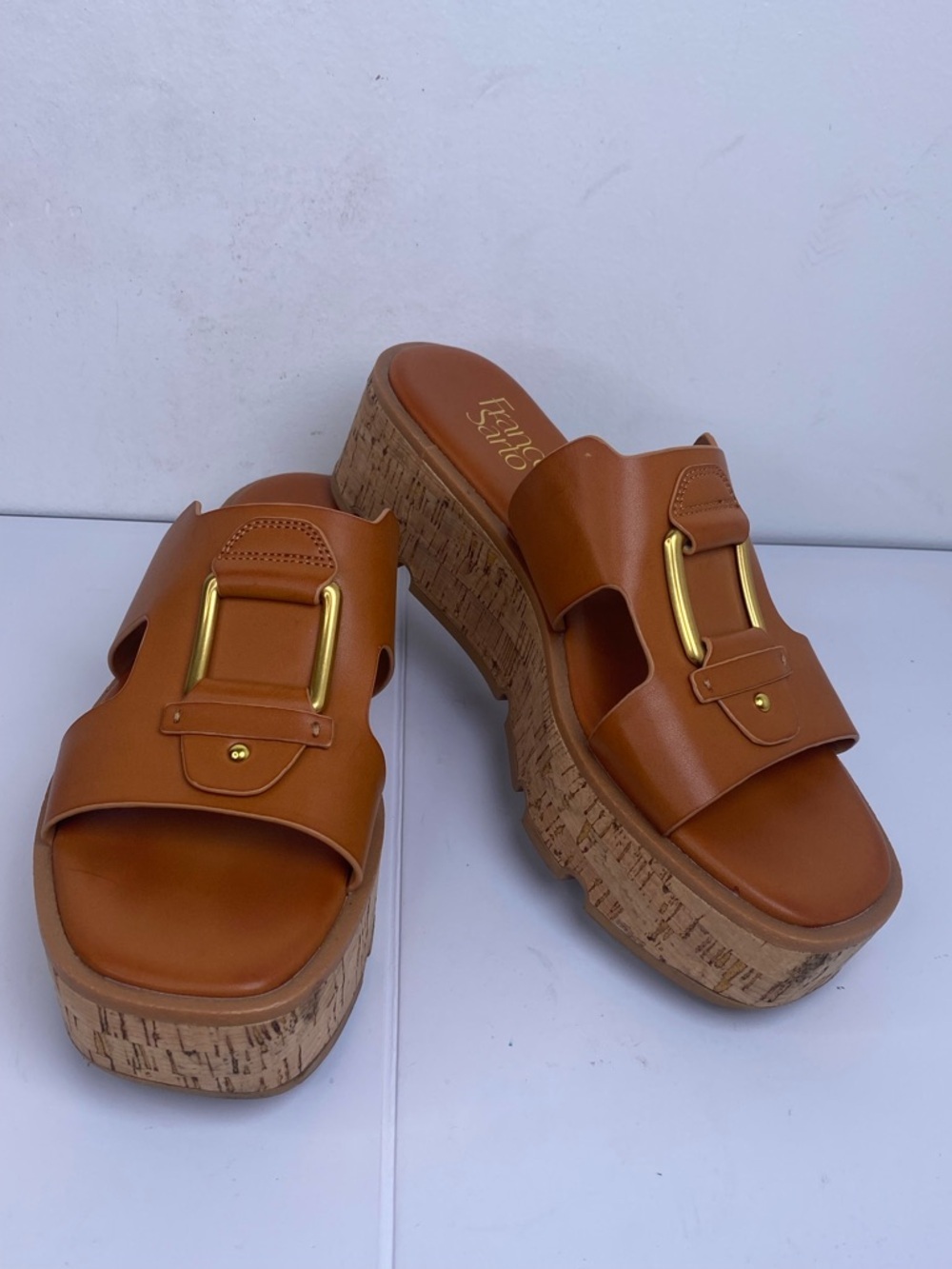 Franco Sarto Cognac Platform Cork Slide with Gold Buckle